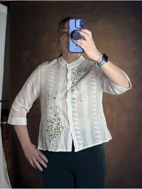 Embroidered White Button-Front Blouse